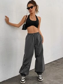 SHEIN EZwear Solid Crop Halter Top - Black - View 5