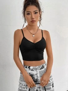 SHEIN EZwear Women's Summer Y2k Solid Ruched Crop Cami Top - Black - View 5