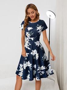 印花隱藏口袋連衣裙