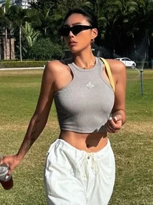 DAZY Áo khoác và áo lót dành cho xe tăng nữ Gân đan Lá thư Giải trí - Màu Xám nhạt - Xem 3