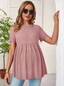 SHEIN Maternity Waffle Knit Peplum Tee - Dusty Pink - View 1