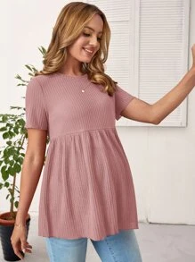 SHEIN Maternity Waffle Knit Peplum Tee - Dusty Pink - View 3