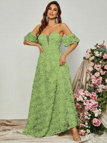 Off Shoulder Floral Appliques Formal Dress