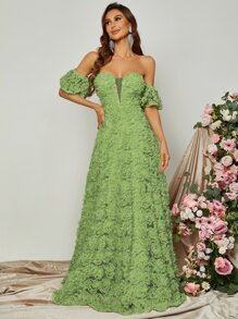 Off Shoulder Floral Appliques Formal Dress