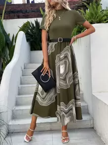 EMERY ROSE Graphic Print Mock Neck A-Line Dress Without Belt Maxi Women Outfit - Army Green - View 5