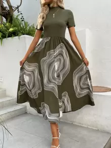 EMERY ROSE Graphic Print Mock Neck A-Line Dress Without Belt Maxi Women Outfit - Army Green - View 6
