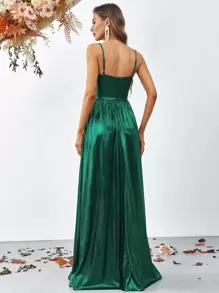 褶邊高衩金屬質感吊帶正式連衣裙 - 墨綠色 - 查看 2