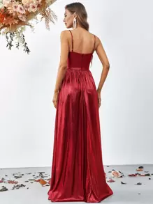 Ruched Split Thigh Metallic Cami Formal Dress Prom Dresses For Women - Red - View 2