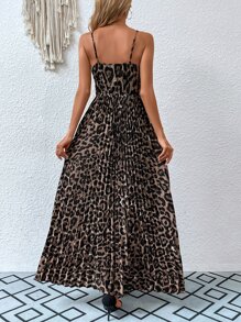 SHEIN VCAY Leopard Print Pleated Hem Cami Dress - Khaki - View 2