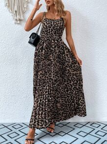 SHEIN VCAY Leopard Print Pleated Hem Cami Dress - Khaki - View 3