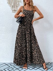 SHEIN VCAY Leopard Print Pleated Hem Cami Dress - Khaki - View 5