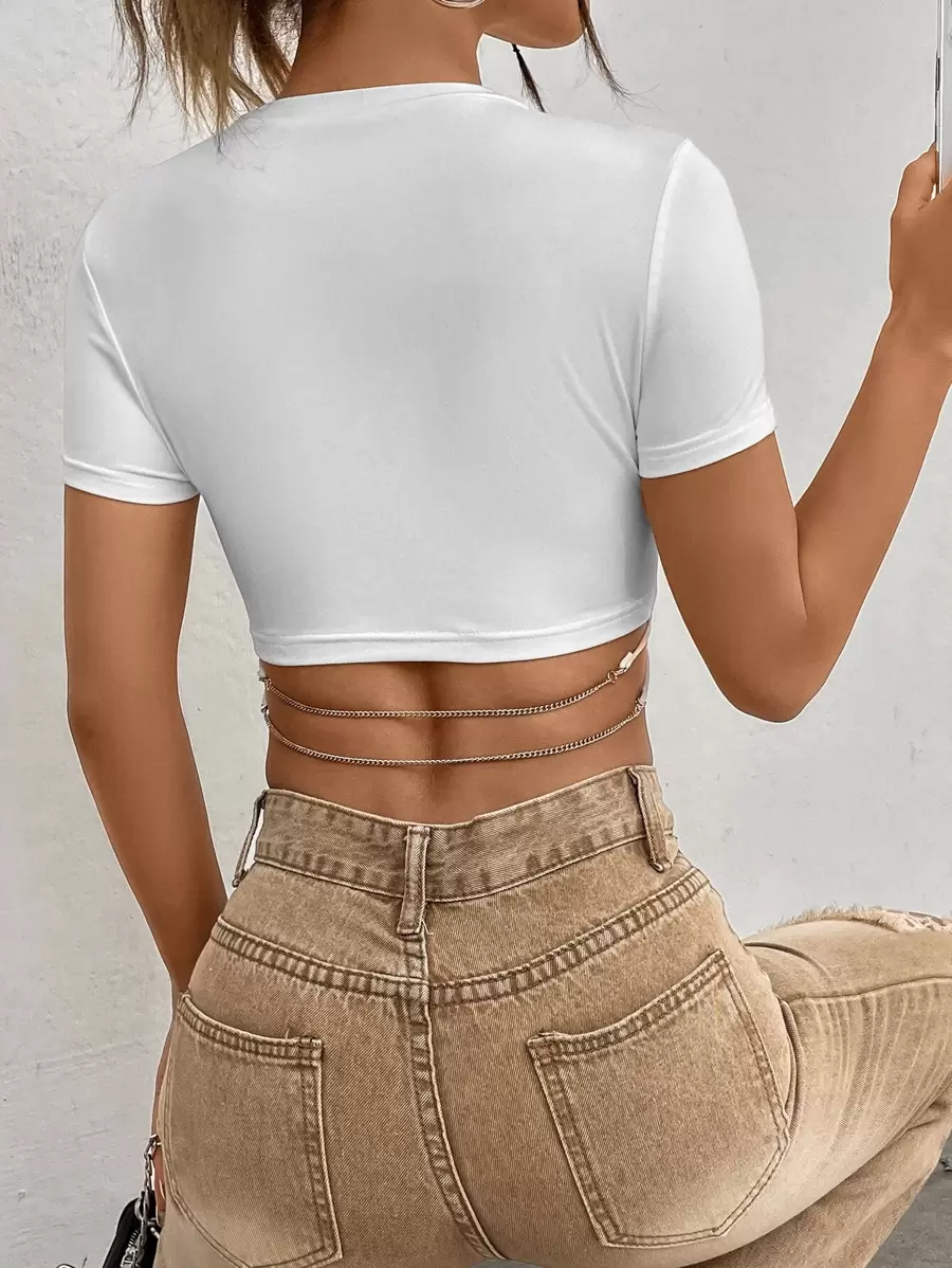 SHEIN EZwear Camiseta crop con diseño de cadena - Blanco - Ver 1
