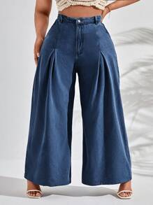 SHEIN SXY 大碼高腰闊腿牛仔褲 - 中等水洗藍 - 查看 1