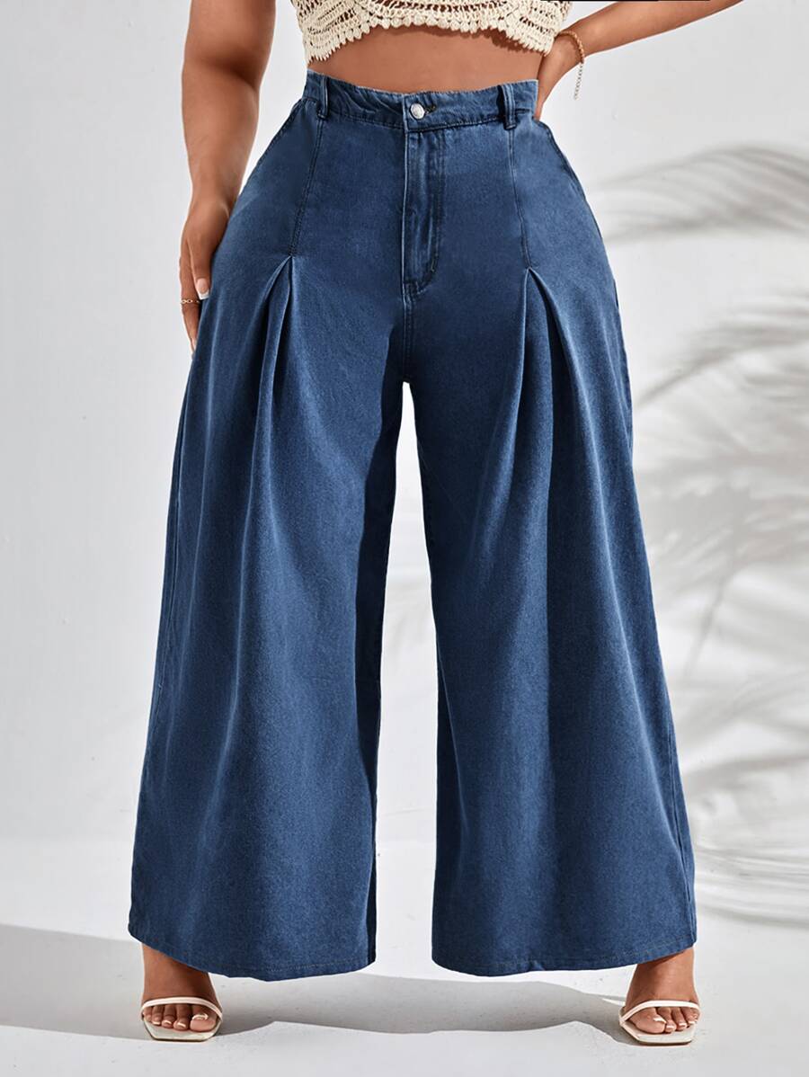 SHEIN SXY 大碼高腰闊腿牛仔褲 - 中等水洗藍 - 查看 1