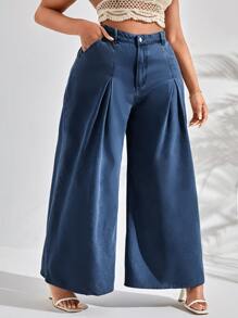 SHEIN SXY 大碼高腰闊腿牛仔褲 - 中等水洗藍 - 查看 4