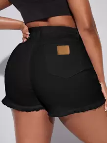 SHEIN SXY Quần short denim oversized Nút Đắp vá Túi Hem thô Dây kéo màu trơn - màu đen - Xem 1