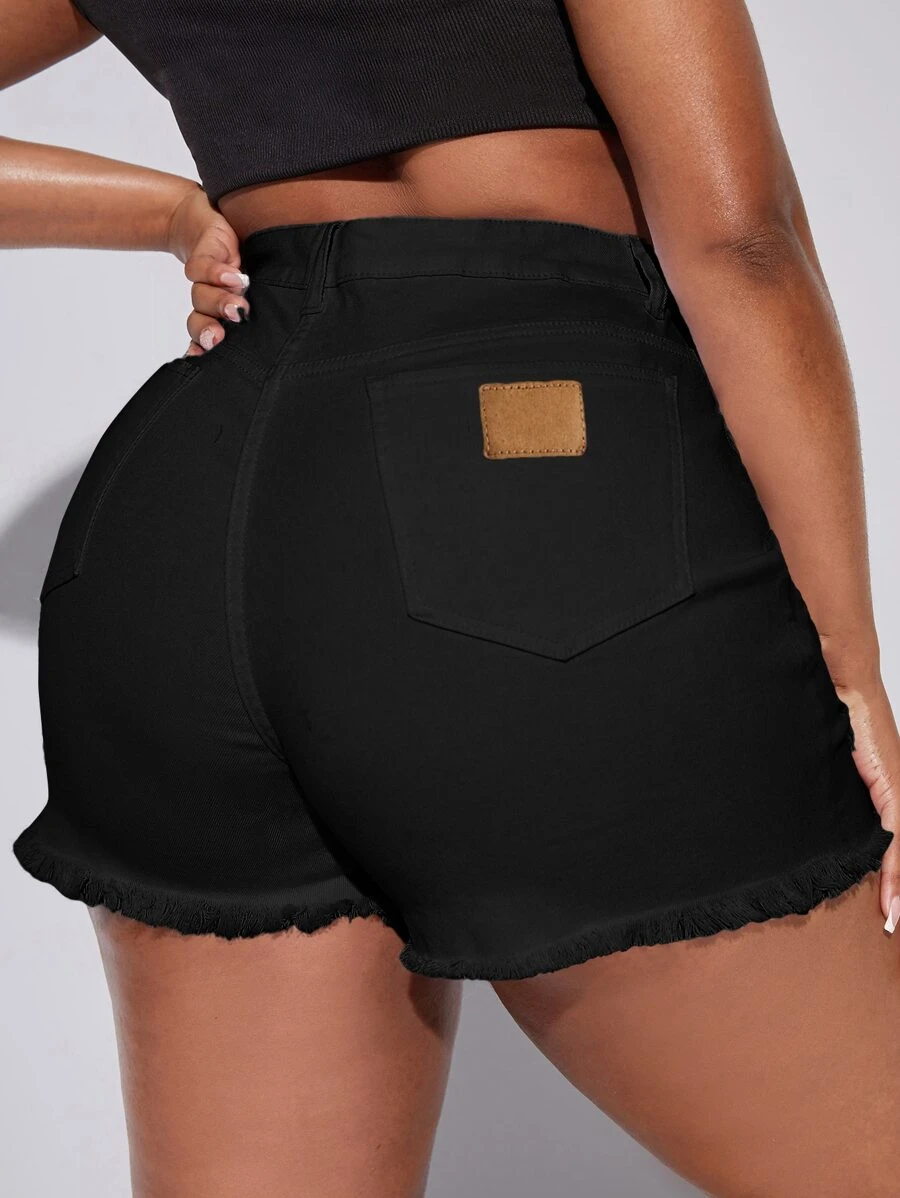 SHEIN SXY Quần short denim oversized Nút Đắp vá Túi Hem thô Dây kéo màu trơn - màu đen - Xem 1