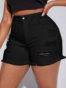 SHEIN SXY Quần short denim oversized Nút Đắp vá Túi Hem thô Dây kéo màu trơn - màu đen - Xem 2