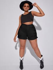 SHEIN SXY Quần short denim oversized Nút Đắp vá Túi Hem thô Dây kéo màu trơn - màu đen - Xem 3