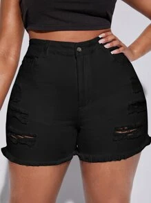 SHEIN SXY Quần short denim oversized Nút Đắp vá Túi Hem thô Dây kéo màu trơn - màu đen - Xem 4