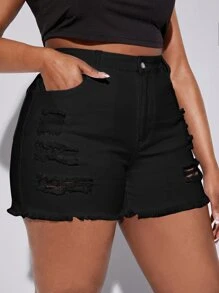 SHEIN SXY Quần short denim oversized Nút Đắp vá Túi Hem thô Dây kéo màu trơn - màu đen - Xem 5