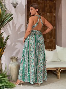SHEIN VCAY Plus Paisley & Floral Print Split Thigh Halter Neck Backless Dress - Multicolor - View 2