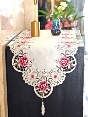 1入組裝花卉刺繡桌旗滌綸家用廚房桌旗