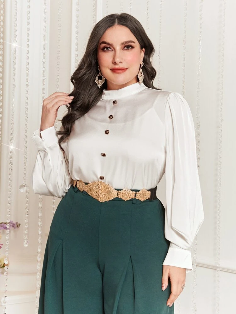 Plus Mock Neck Lantern Sleeve Button Front Blouse