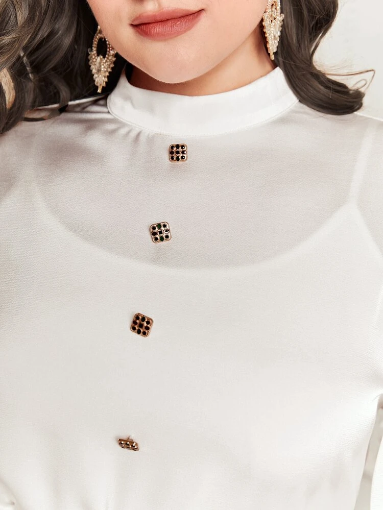 Plus Mock Neck Lantern Sleeve Button Front Blouse