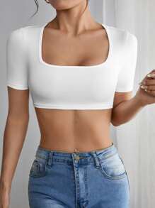 SHEIN PETITE 素色方領短款上衣 - 白色 - 查看 3