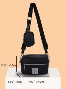 Bolsa cuadrada con diseño de diamante de imitación con monedero - Negro - Ver 3