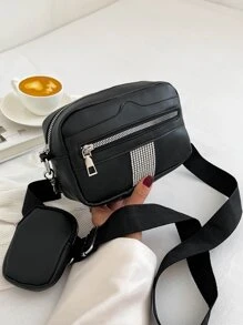 Bolsa cuadrada con diseño de diamante de imitación con monedero - Negro - Ver 2