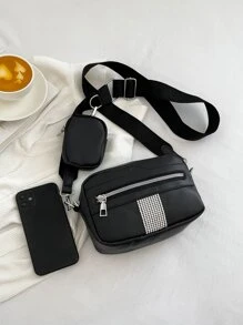 Bolsa cuadrada con diseño de diamante de imitación con monedero - Negro - Ver 4