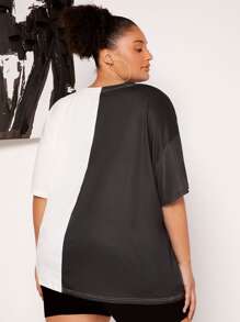 SHEIN CURVE+ Plus Butterfly & Slogan Graphic Two Tone Drop Shoulder Tee - Black and White - View 2