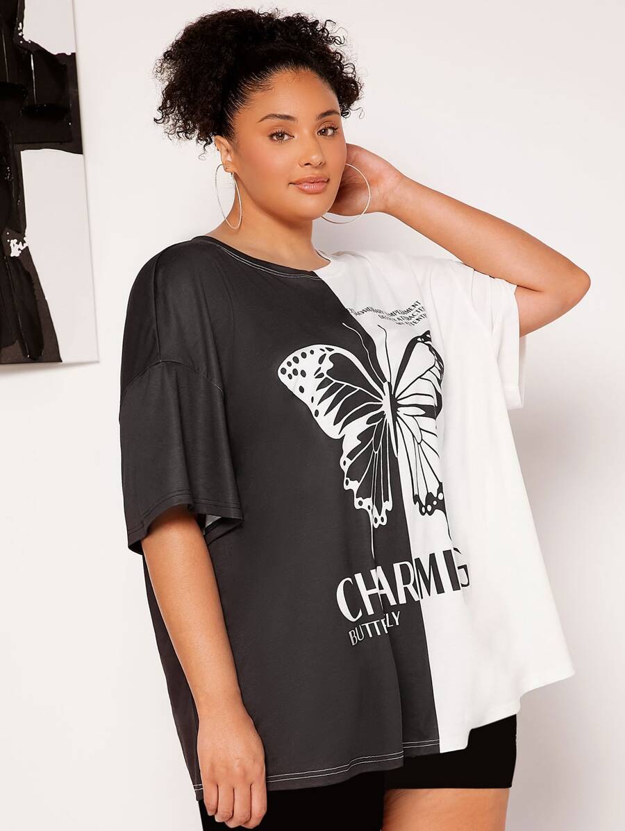 SHEIN CURVE+ Plus Butterfly & Slogan Graphic Two Tone Drop Shoulder Tee - Black and White - View 1