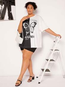 SHEIN CURVE+ Plus Butterfly & Slogan Graphic Two Tone Drop Shoulder Tee - Black and White - View 3