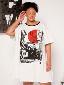 SHEIN CURVE+ Plus Building & Japanese Letter Graphic Drop Shoulder Tee Dress - White - View 3