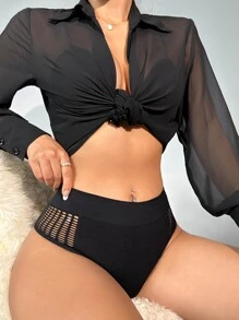 SHEIN 鏤空高腰內褲 - 黑色 - 查看 5
