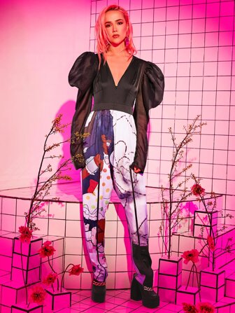 Sparks of Transformation Designer Damen Figurengrafik Gigot Arm Jumpsuit, Herbst, für Herbst & Winter, Urlaub, Festival