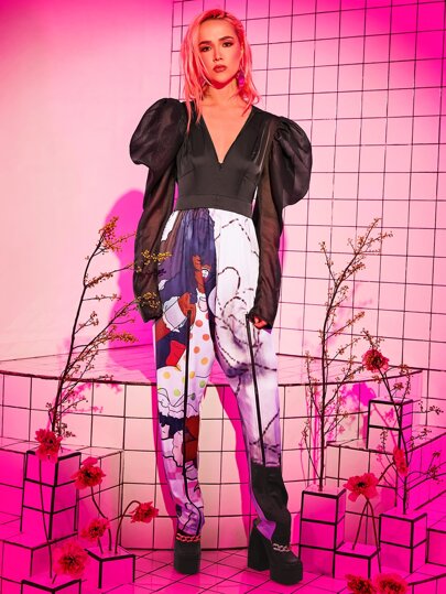 Sparks of Transformation Designer Women Figure Graphic Gigot Sleeve Jumpsuit, For Holiday, Festival