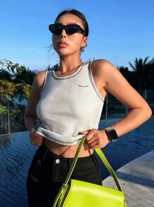 DAZY Top Stitching Crop Tank Top - Beige - View 1