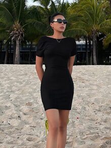 DAZY 纯色扭纹后背紧身连衣裙，太阳裙，迷你裙，休闲女装 - 黑色 - 查看 3