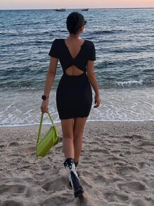 DAZY 纯色扭纹后背紧身连衣裙，太阳裙，迷你裙，休闲女装 - 黑色 - 查看 5