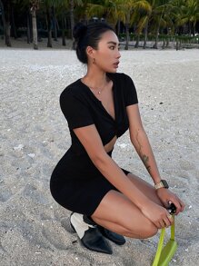 DAZY 纯色扭纹后背紧身连衣裙，太阳裙，迷你裙，休闲女装 - 黑色 - 查看 6