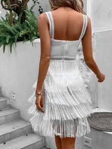 SHEIN VCAY Vestido de tirantes ribete con fleco - Blanco - Ver 2