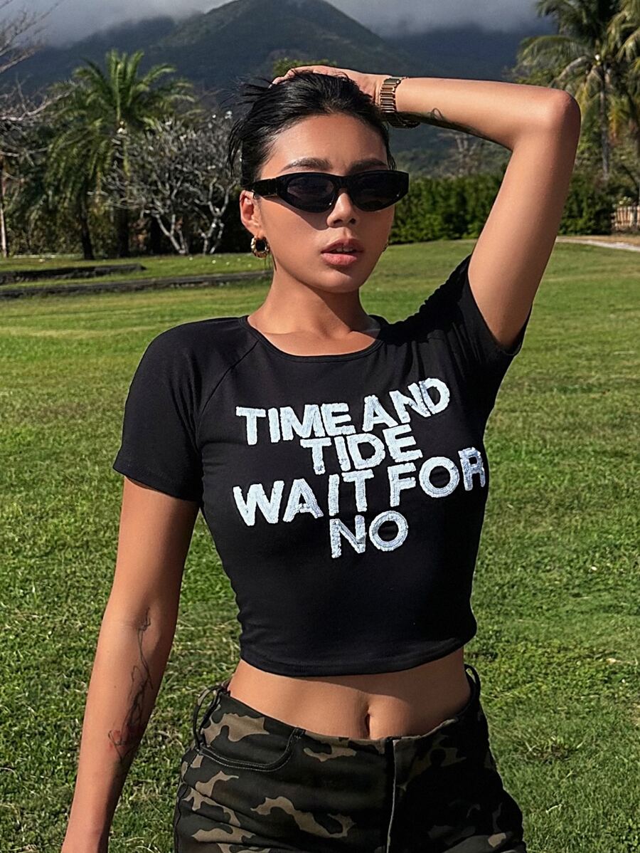 DAZY Slogan Graphic Raglan Sleeve Crop Tee - Black - View 1