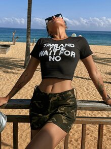 DAZY Slogan Graphic Raglan Sleeve Crop Tee - Black - View 2