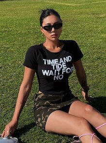 DAZY Slogan Graphic Raglan Sleeve Crop Tee - Black - View 3