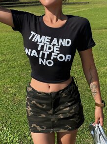 DAZY Slogan Graphic Raglan Sleeve Crop Tee - Black - View 4