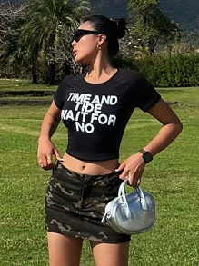 DAZY Slogan Graphic Raglan Sleeve Crop Tee - Black - View 5